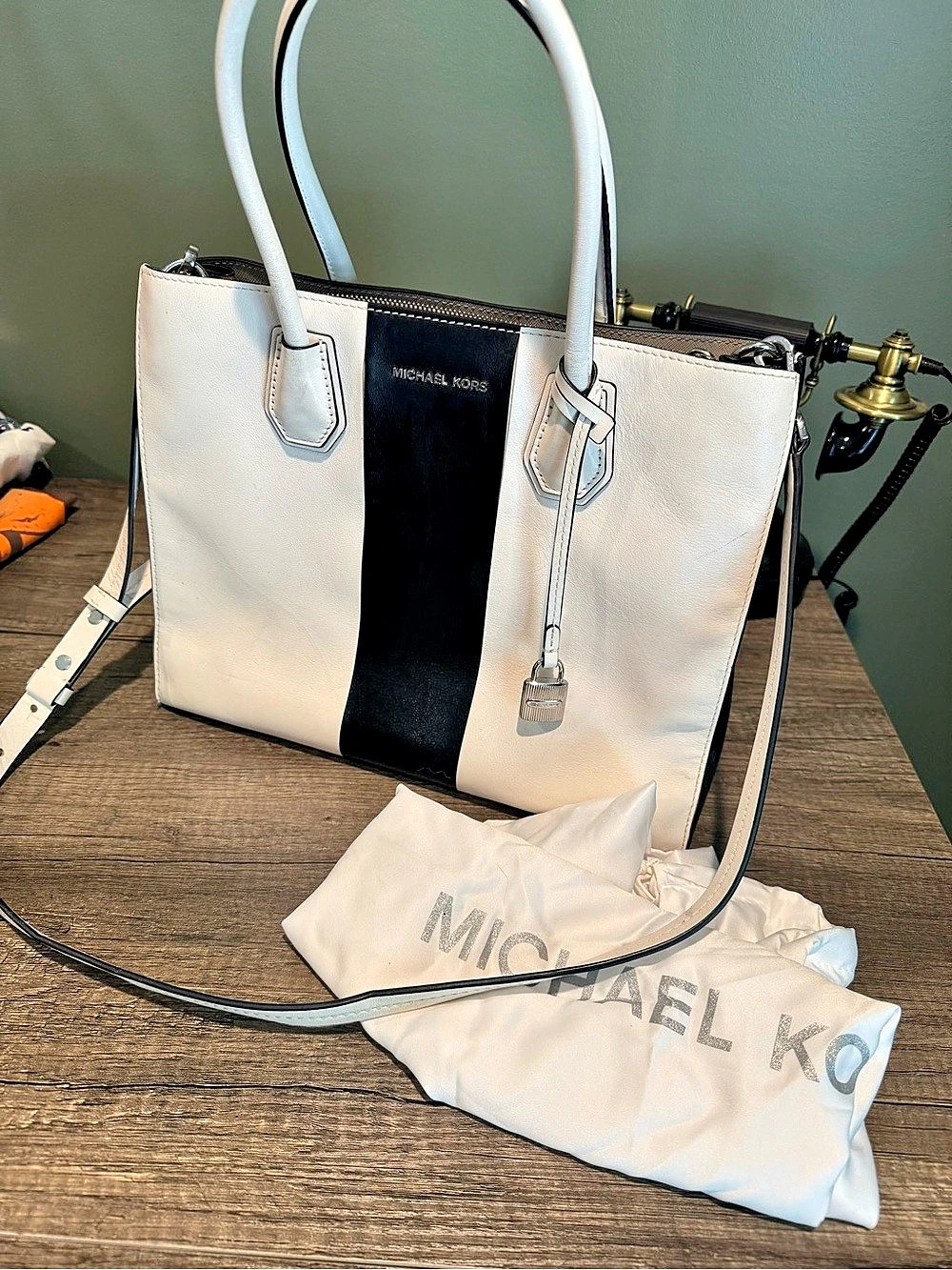 Michael Kors Mercer Center Stripe Tote in White & Black